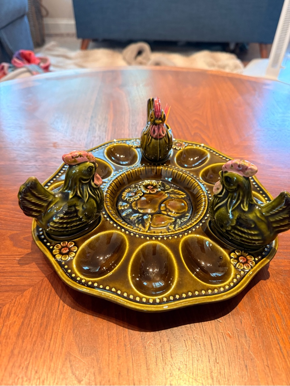 Vintage Majolica Style Deviled Egg Tray Platter Salt Pepper Toothpick Japan 9.5"